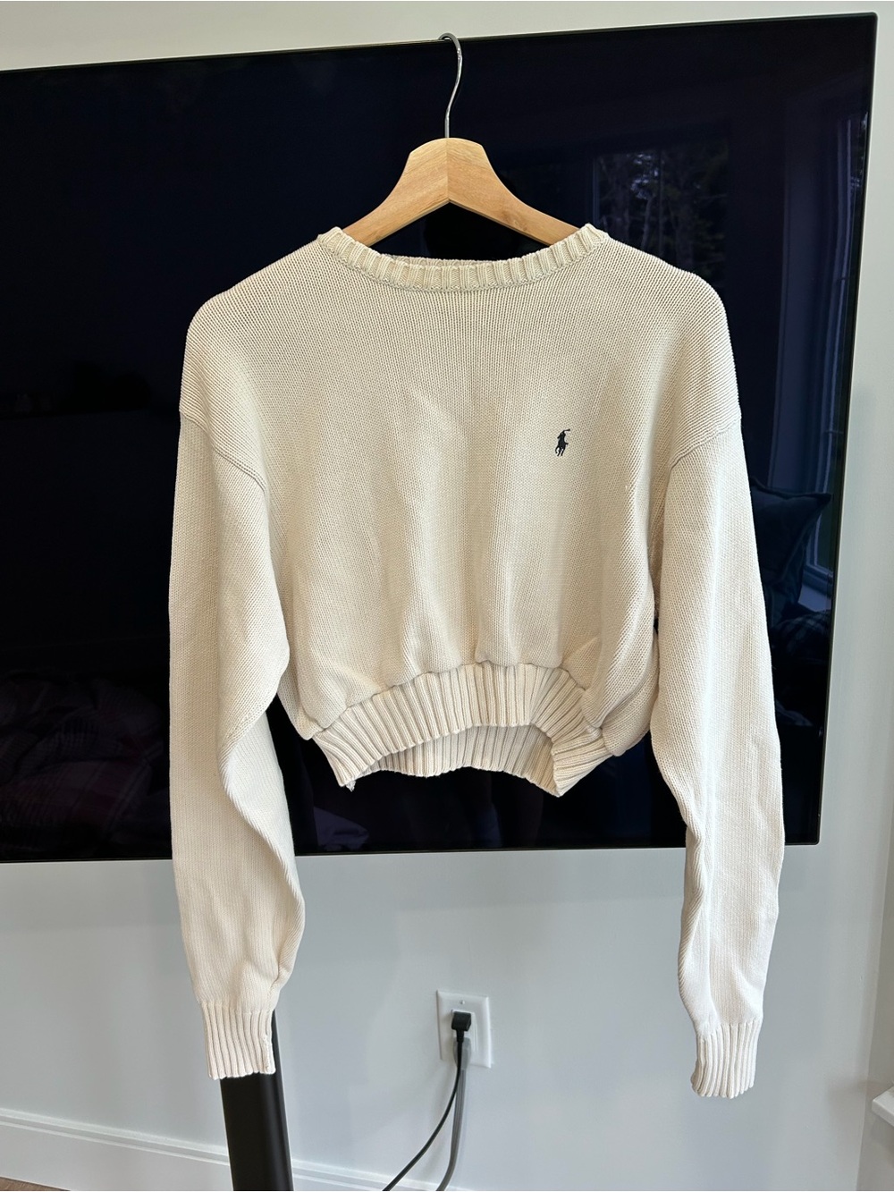 Ralph Lauren Cream Cropped Crewneck Sweater with Polo Logo